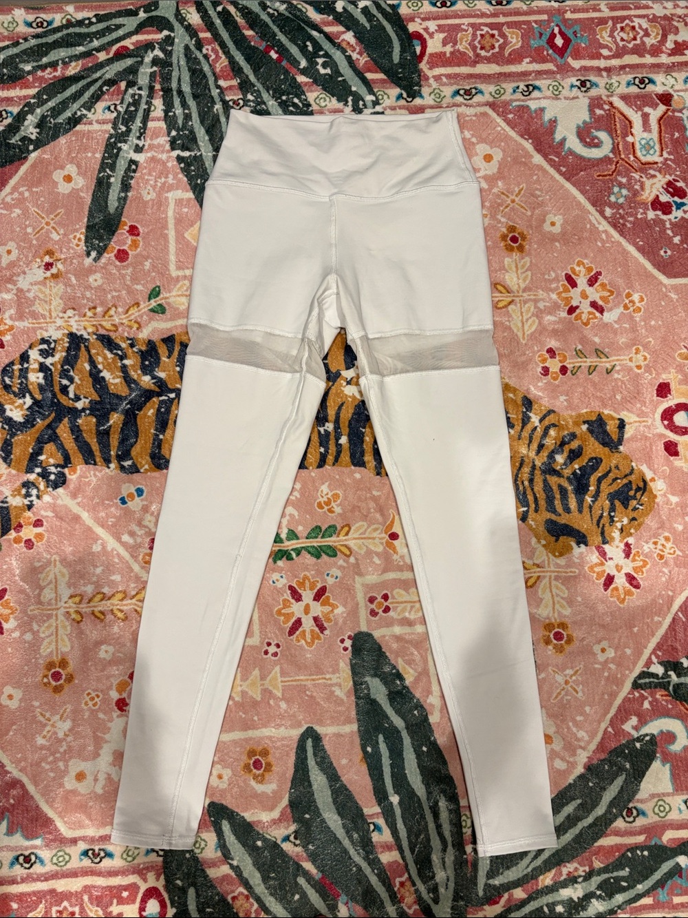 Women’s White High-Waist Leggings with Mesh Panel